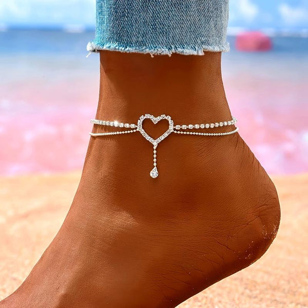 Sparkly Waterproof Heart Rhinestone Anklet