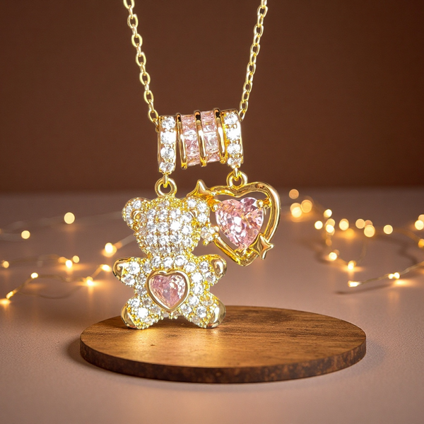 Sparkling Bear & Heart Pendant Necklace