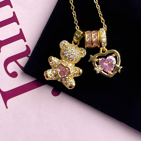 Sparkling Bear & Heart Pendant Necklace