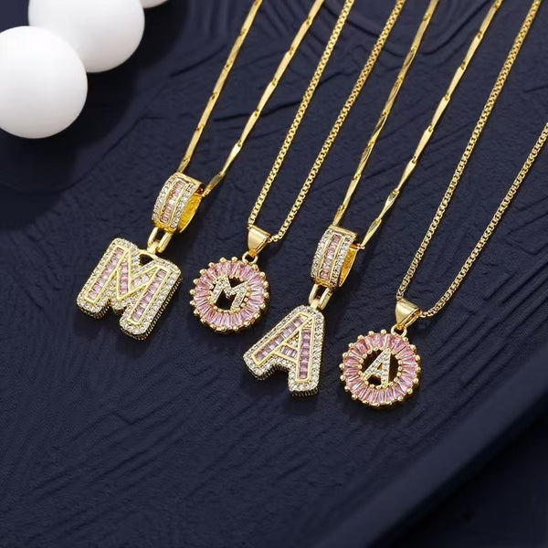 2-Pack Pink CZ Initial Necklaces - Gold