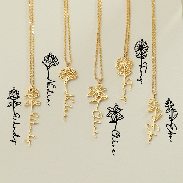 Personalized Birth Flower Name Necklace