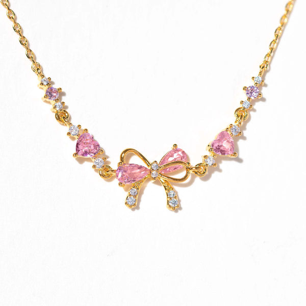 Dainty Pink Bow Crystal Necklace