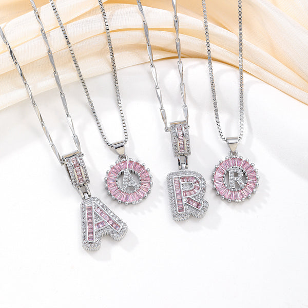 2-Pack Pink CZ Initial Necklaces - Silver