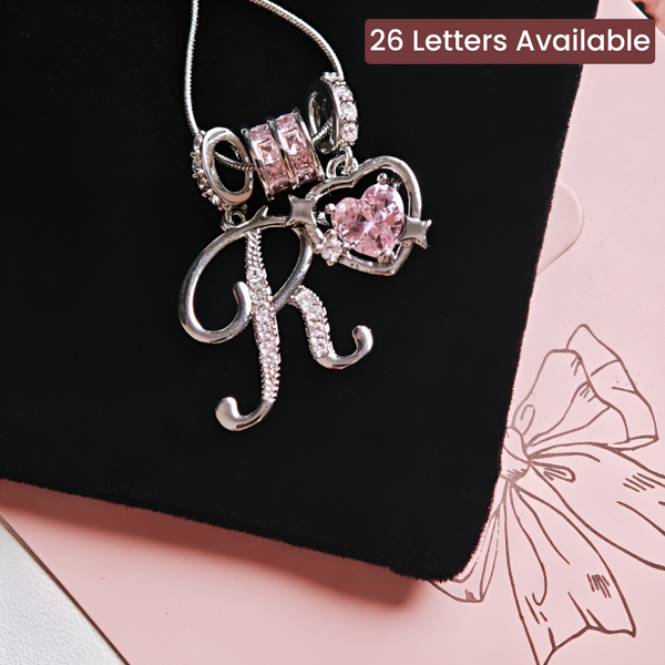Initial & Pink Crystal Necklace - Silver