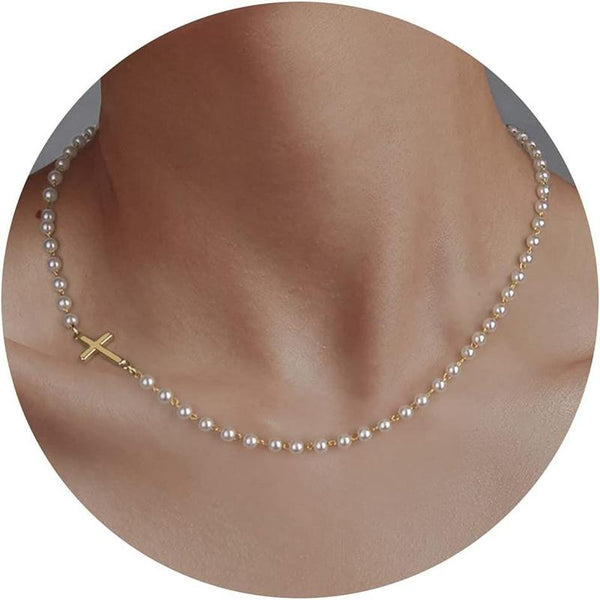 Sideways Cross Pearl Choker Necklace