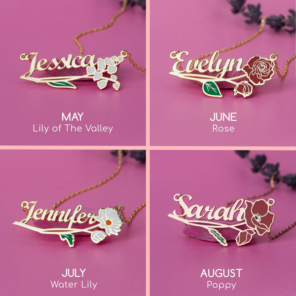 Personalized Colorful Birth Flower Name Necklace