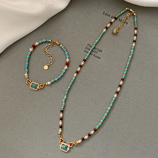 Turquoise & Pearl Handmade Beaded Necklace