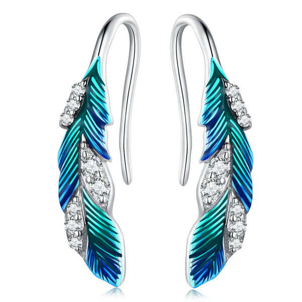 Dazzling Blue Feather Dangle Silver Drop Earrings