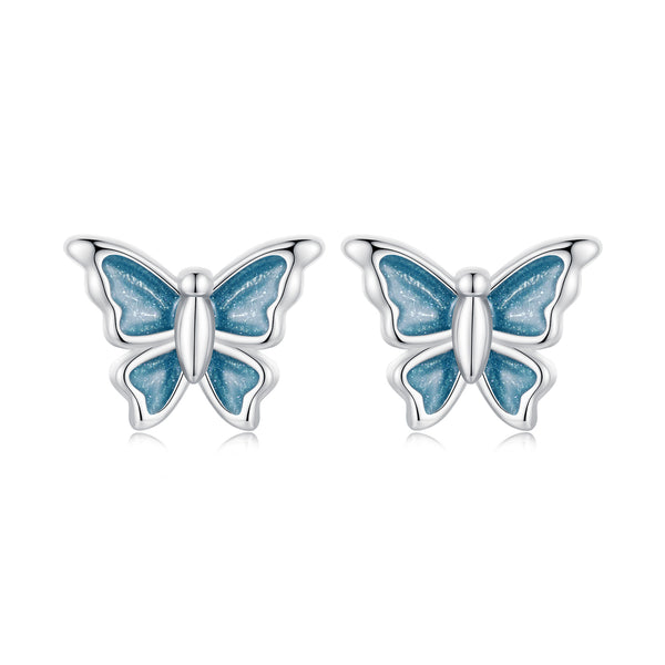 Dainty Blue Butterfly Silver Stud Earrings