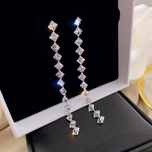 Crystal Long Dangle Earrings Silver Posts