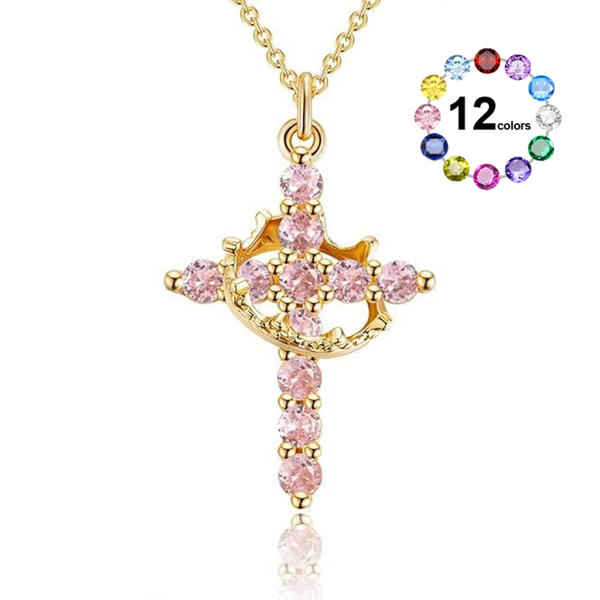 Cross & Crown 12 Birthstone Necklace