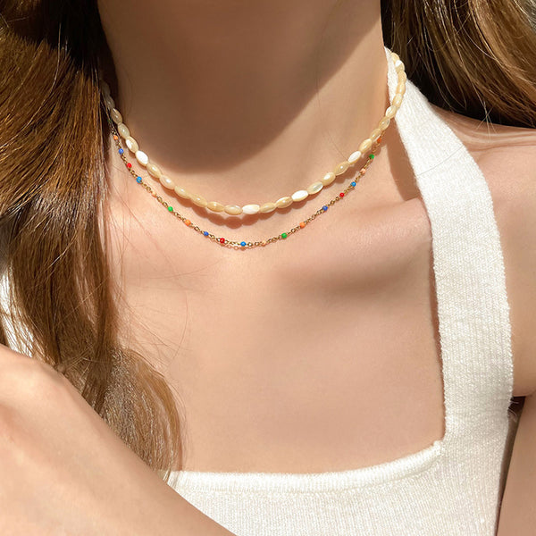 Colorful Natural Gemstone & Shell Pearls Stacking Necklace