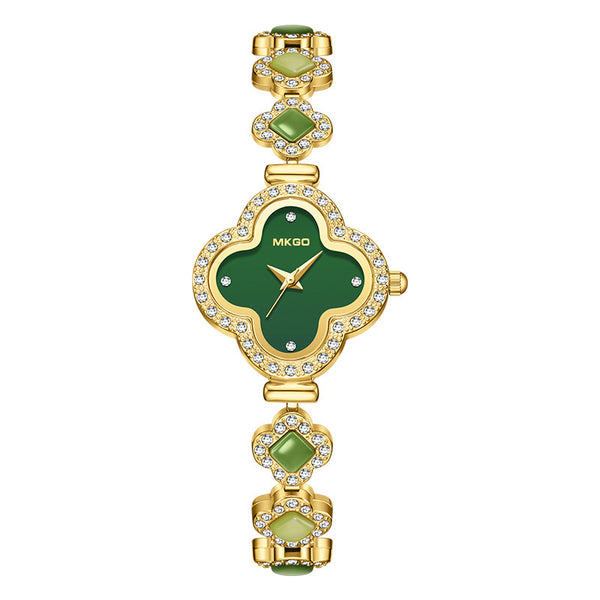 Jade‑Decorated Clover Waterproof Watch