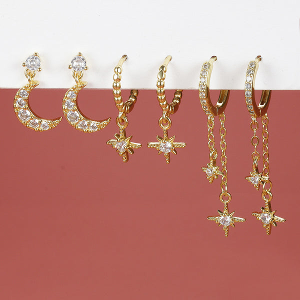 Stackable Hexagram and Moon Earrings Set