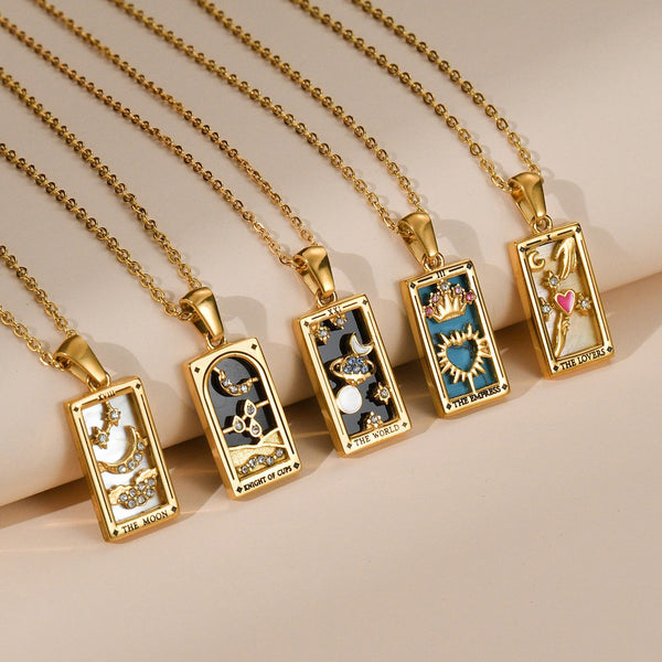 Square Tarot Enamel Titanium Steel Necklace