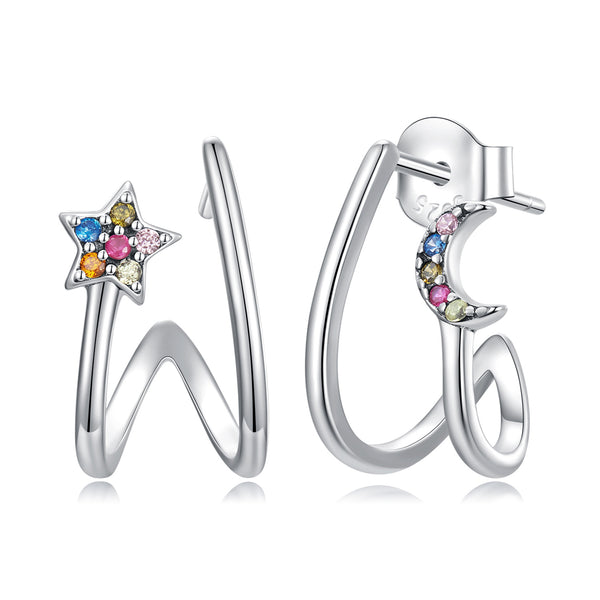 Star And Moon Silver Hoop Earrings