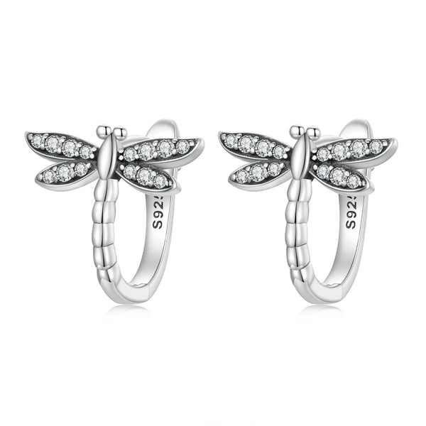 Sparkling Dragonfly Silver Hoop Earrings