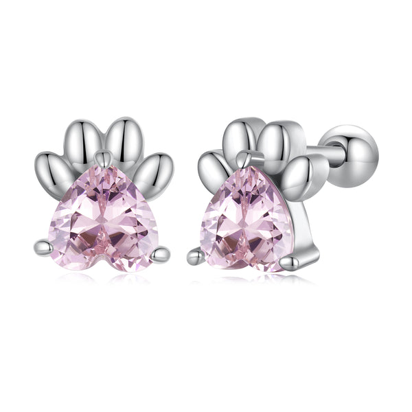 Cute Pink Paw Silver Earrings