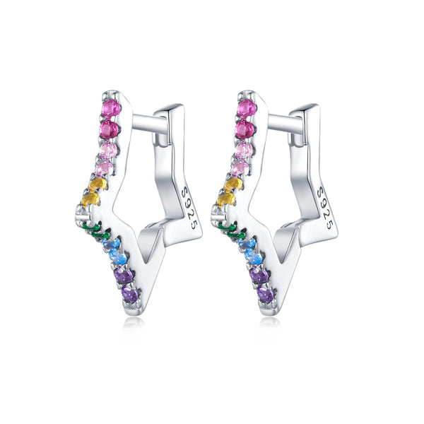 Rainbow Star Silver Hoop Earrings