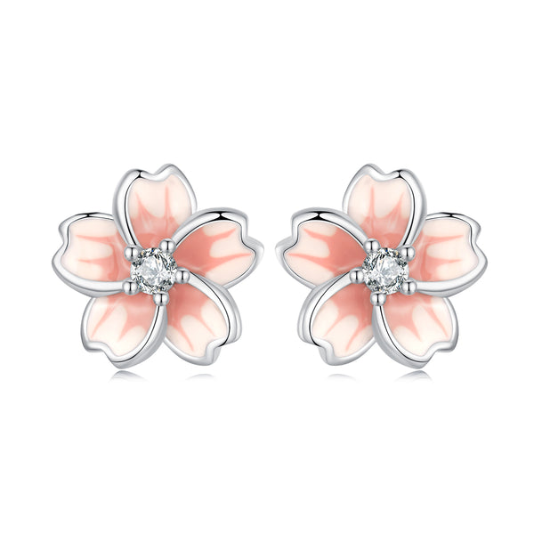 Pink Gradient Cherry Blossom Sakura Silver Stud Earrings