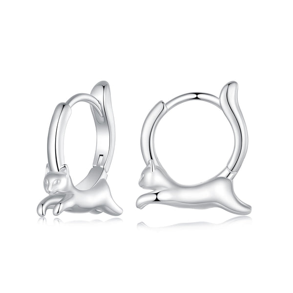 Lovely Cat Silver Hoop Earrings