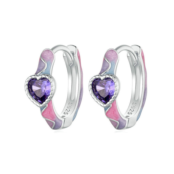 Purple Heart Multicolor Silver Hoop Earrings