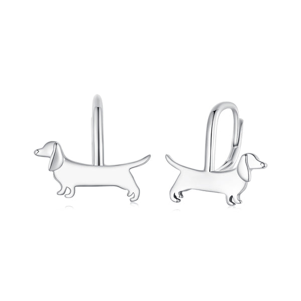 Cute Dachshund Dog Silver Hoop Earrings
