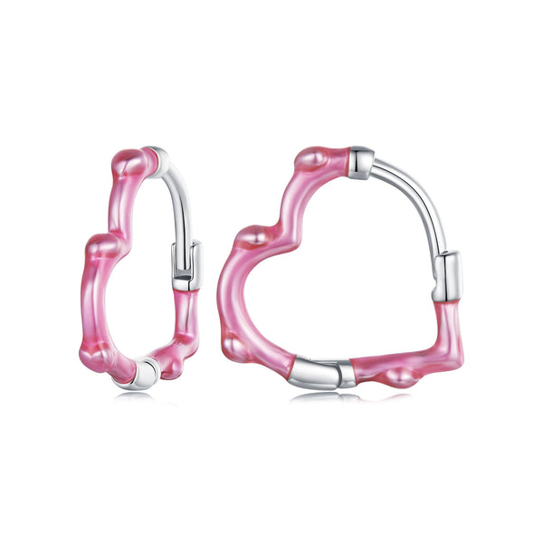 Pink Heart Silver Hoop Earrings